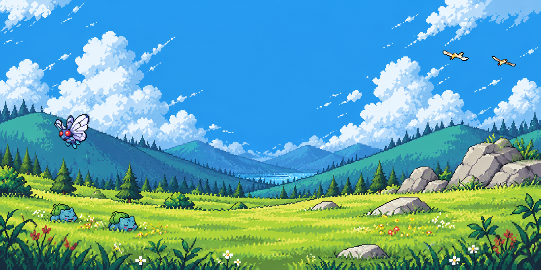 Paisagem de Kanto em pixel art: montanhas, céu azul e Pokémon descansando no campo florido