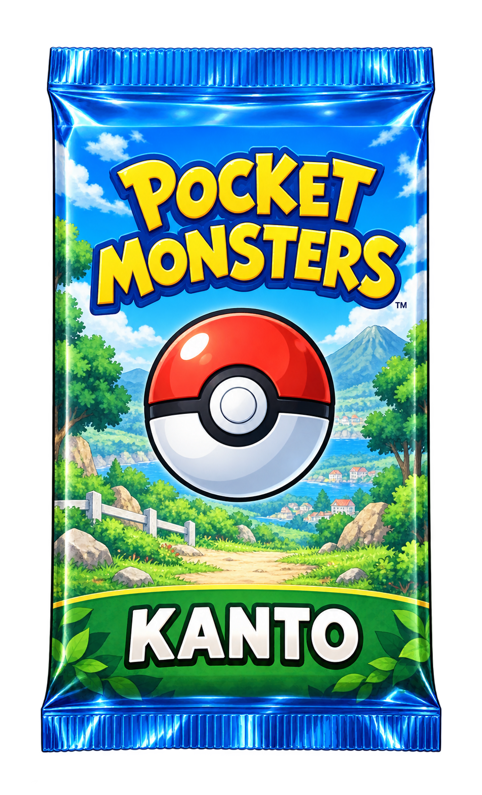 Pacote Kanto de foil azul com paisagem verde e Pokébola